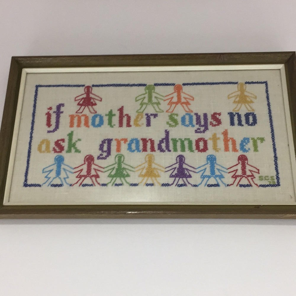 Vintage 70s Grandma Cross Stitch Embroidered Framed Picture